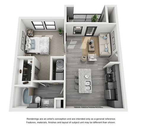 Floor plan for studio, 1 bath, 597 sqft